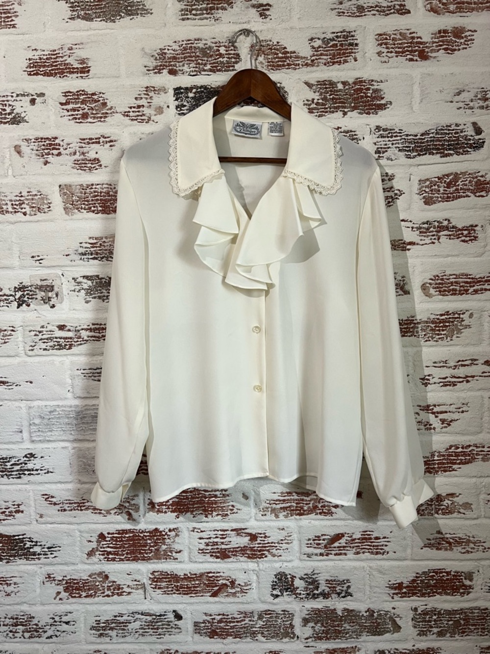 The Villager Blouse Vintage Ruffle Front Button-down Lace Trim Collar Ivory Sz S